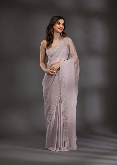 Grey Silver Stonework Tissue Saree-Koskii