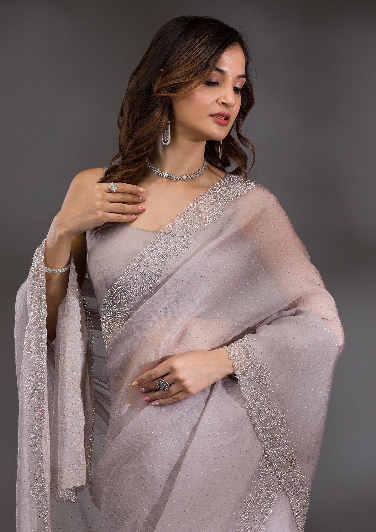 Grey Silver Stonework Tissue Saree-Koskii