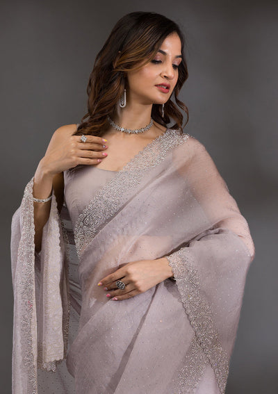 Grey Silver Stonework Tissue Saree-Koskii