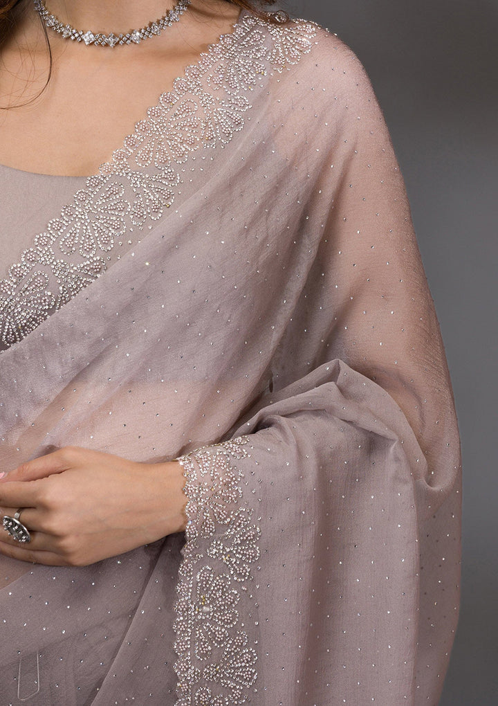 Grey Silver Stonework Tissue Saree-Koskii