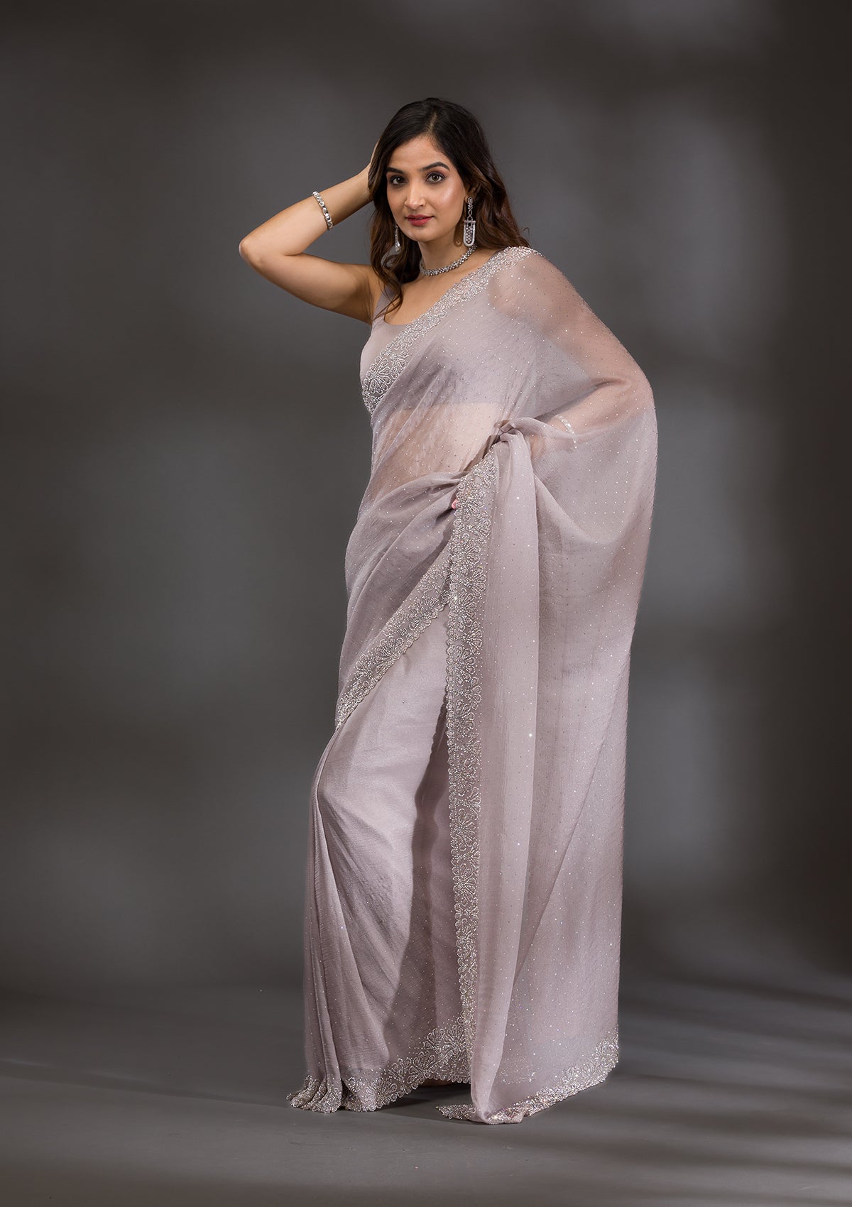 Grey Silver Stonework Tissue Saree-Koskii