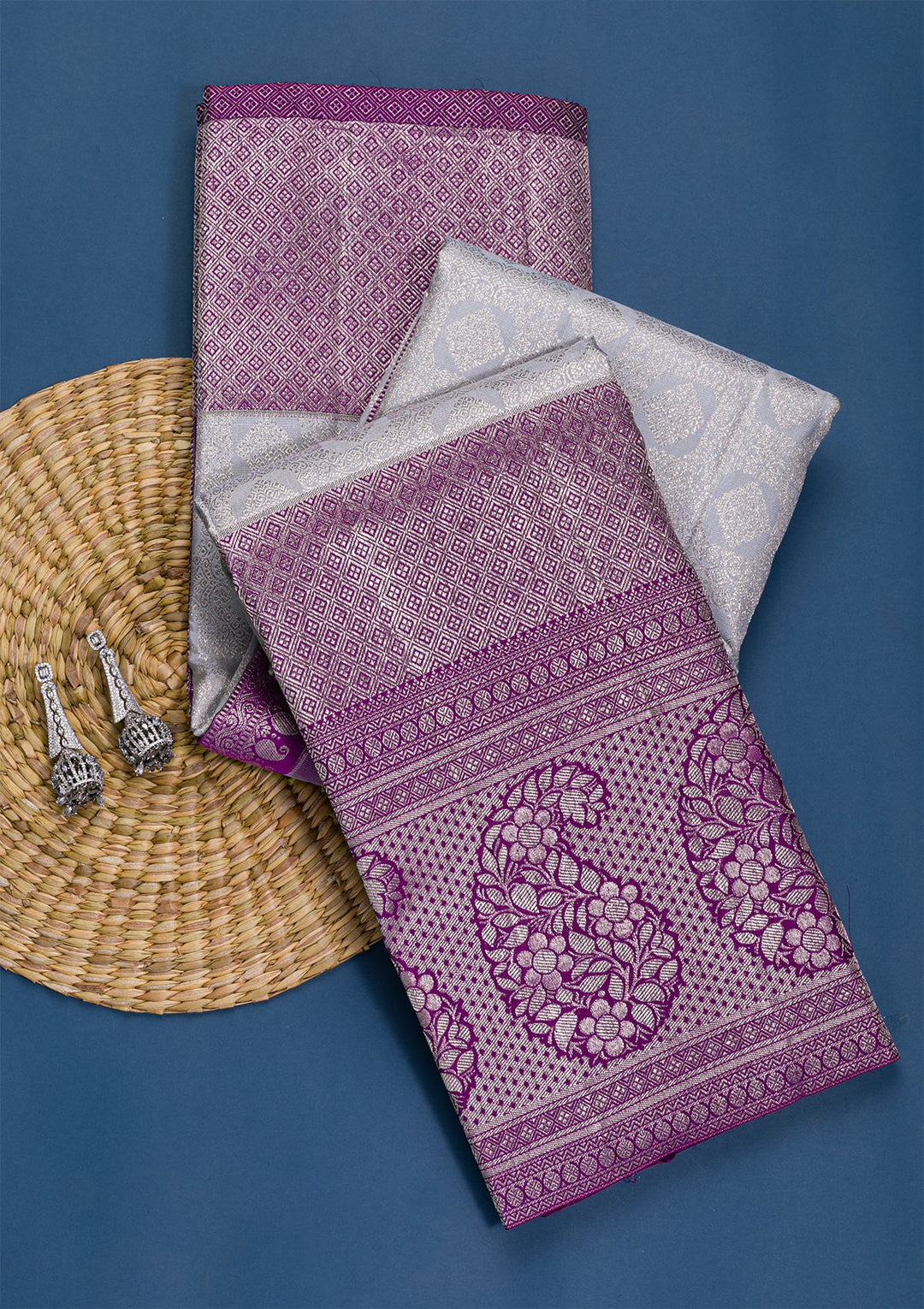 Grey Silver Zariwork Pure Silk Saree-Koskii