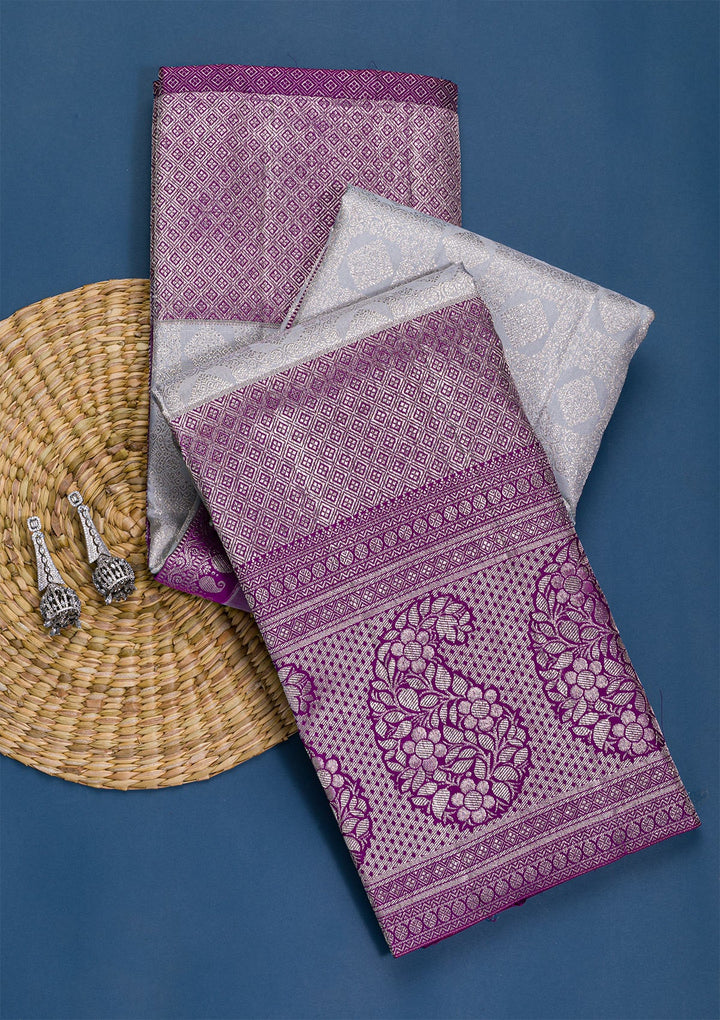 Grey Silver Zariwork Pure Silk Saree-Koskii