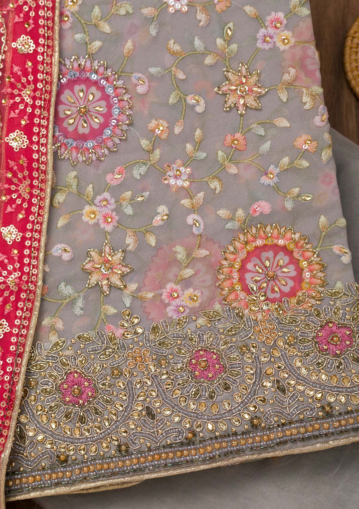 Grey Stonework Georgette Unstitched Salwar Suit-Koskii