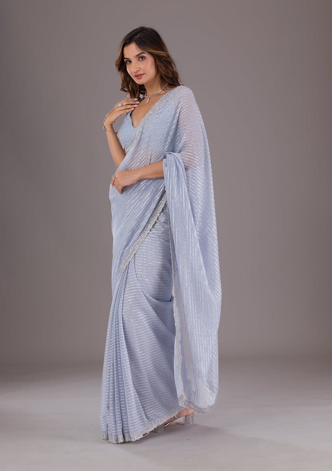 Grey Stonework Georgette Saree-Koskii