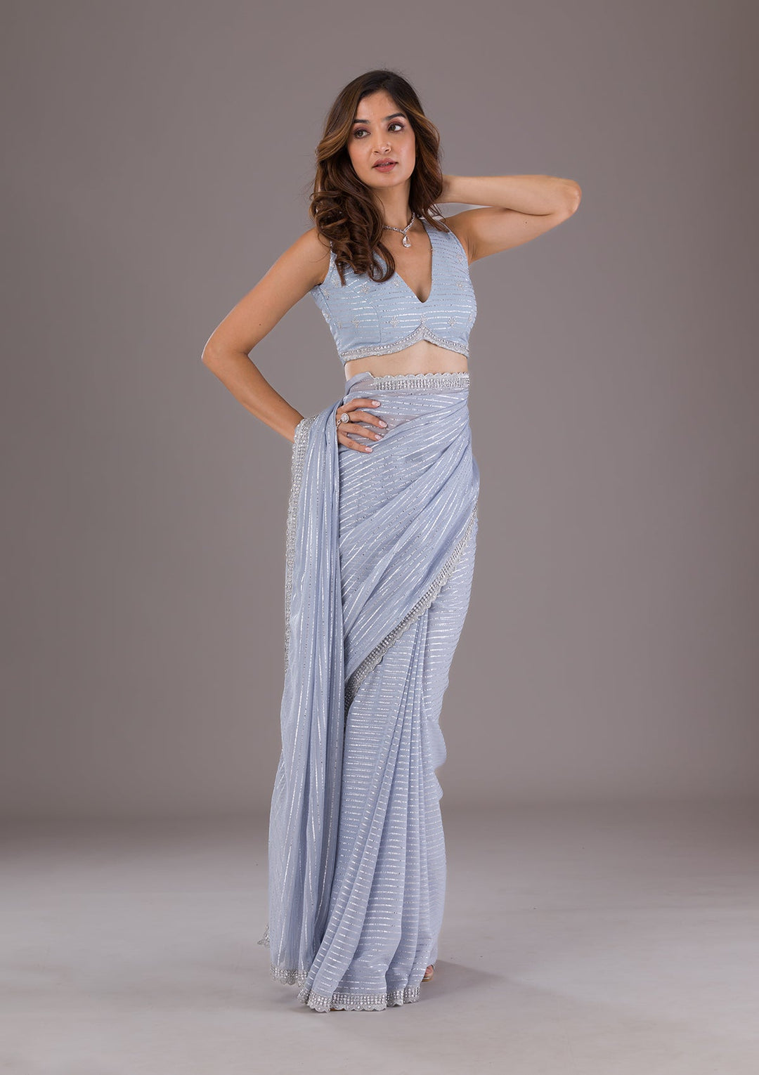 Grey Stonework Georgette Saree-Koskii