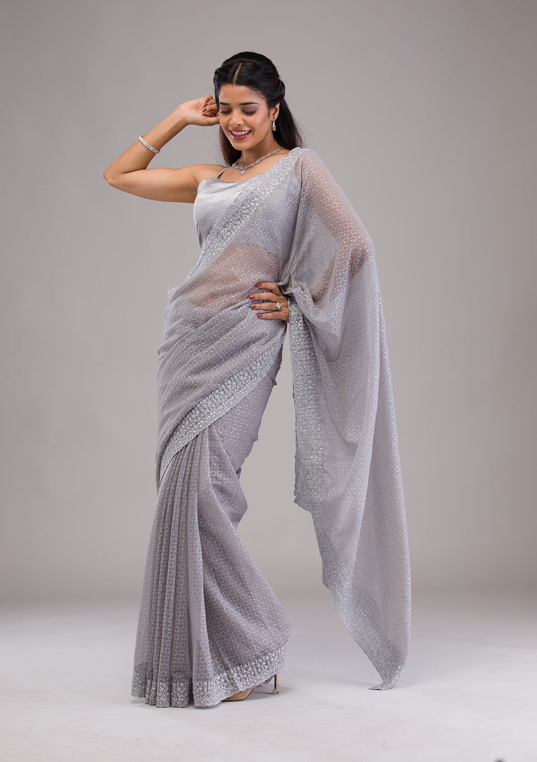 Grey Stonework Georgette Saree-Koskii