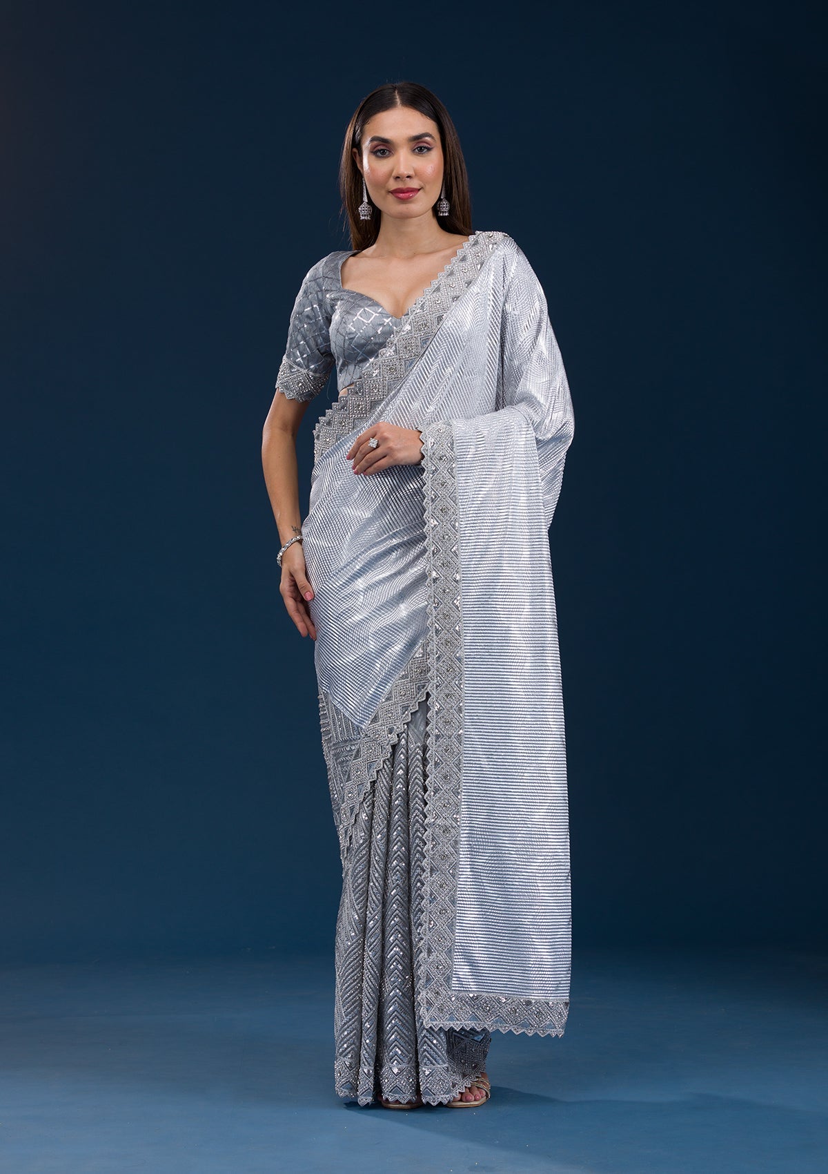 Grey Stonework Imported Fabric Saree-Koskii