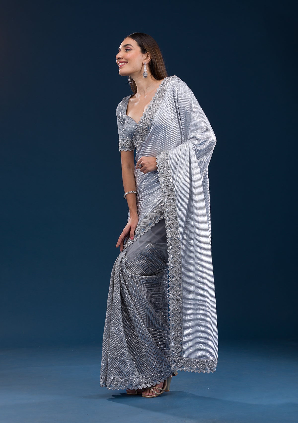 Grey Stonework Imported Fabric Saree-Koskii