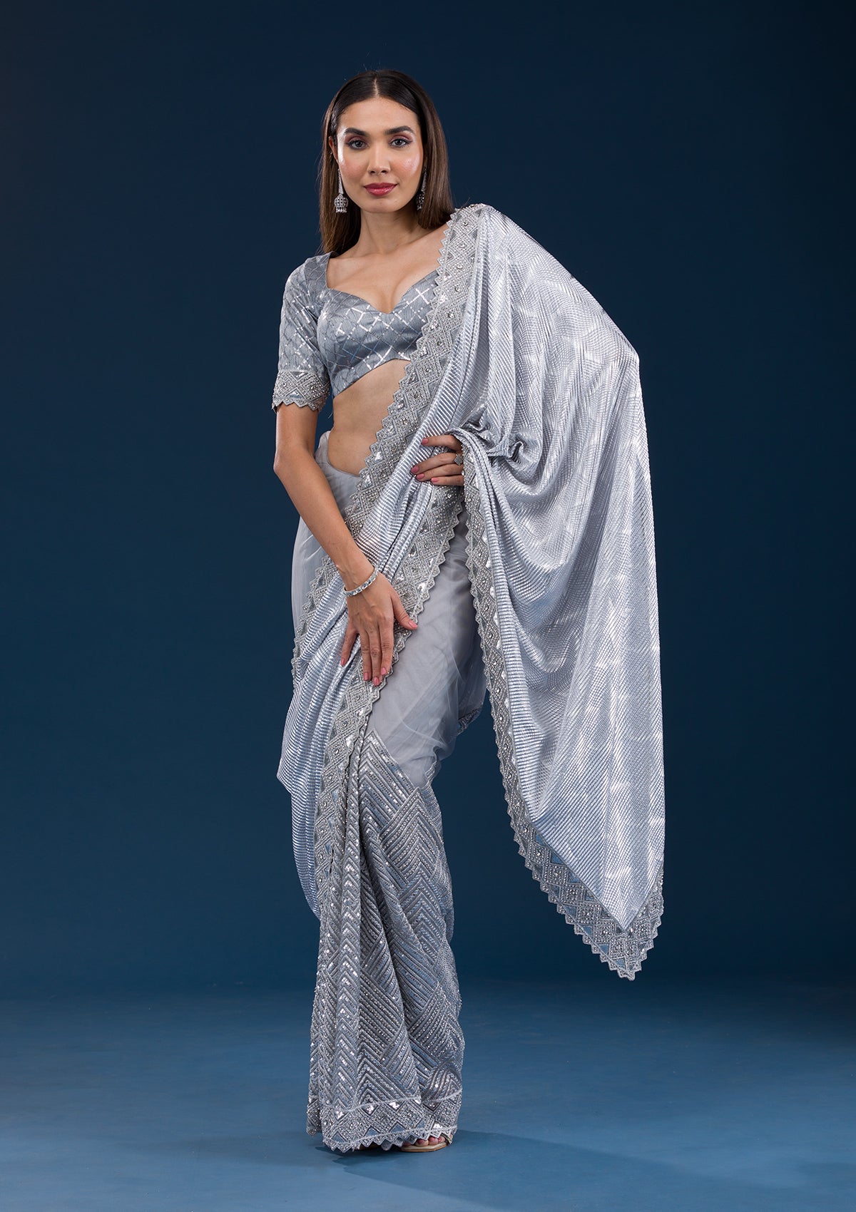 Grey Stonework Imported Fabric Saree-Koskii