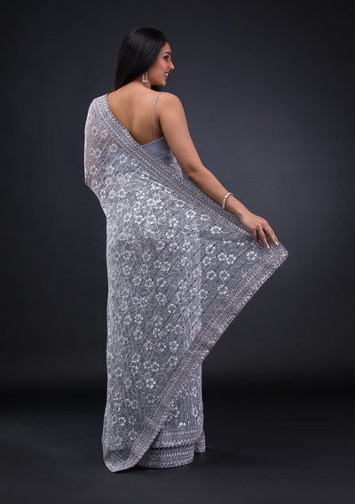 Grey Stonework Lycra Saree-Koskii