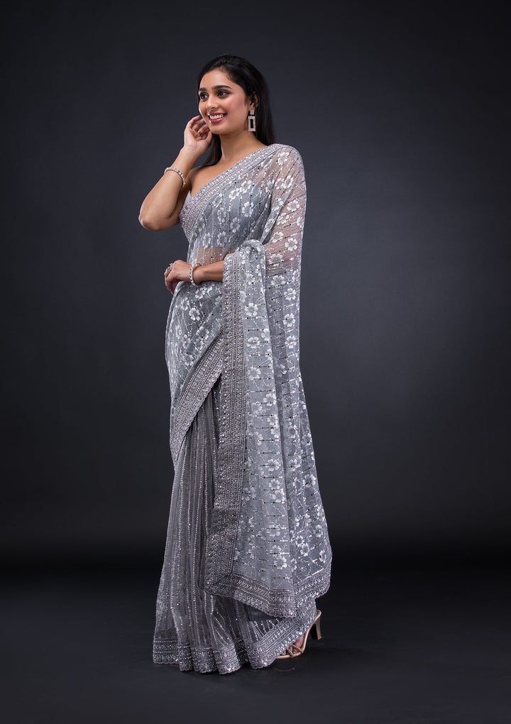 Grey Stonework Lycra Saree-Koskii