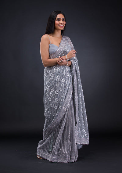 Grey Stonework Lycra Saree-Koskii