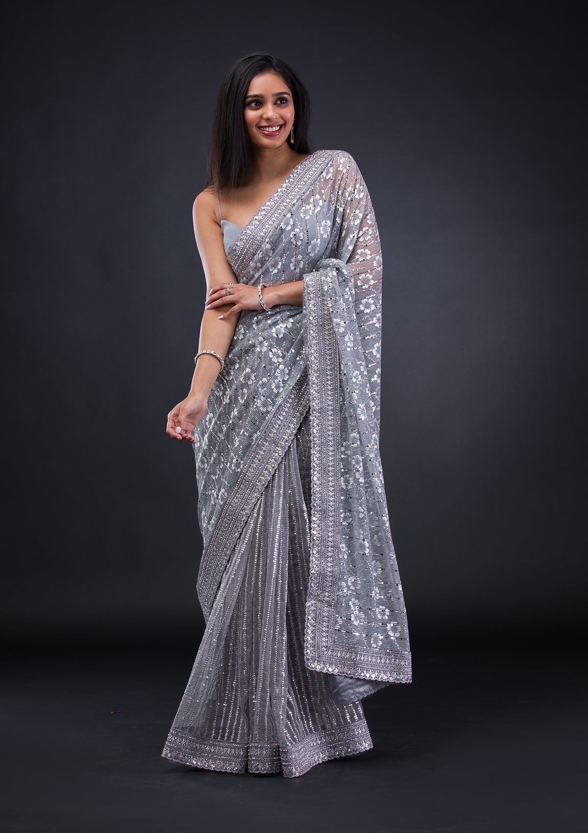 Grey Stonework Lycra Saree-Koskii