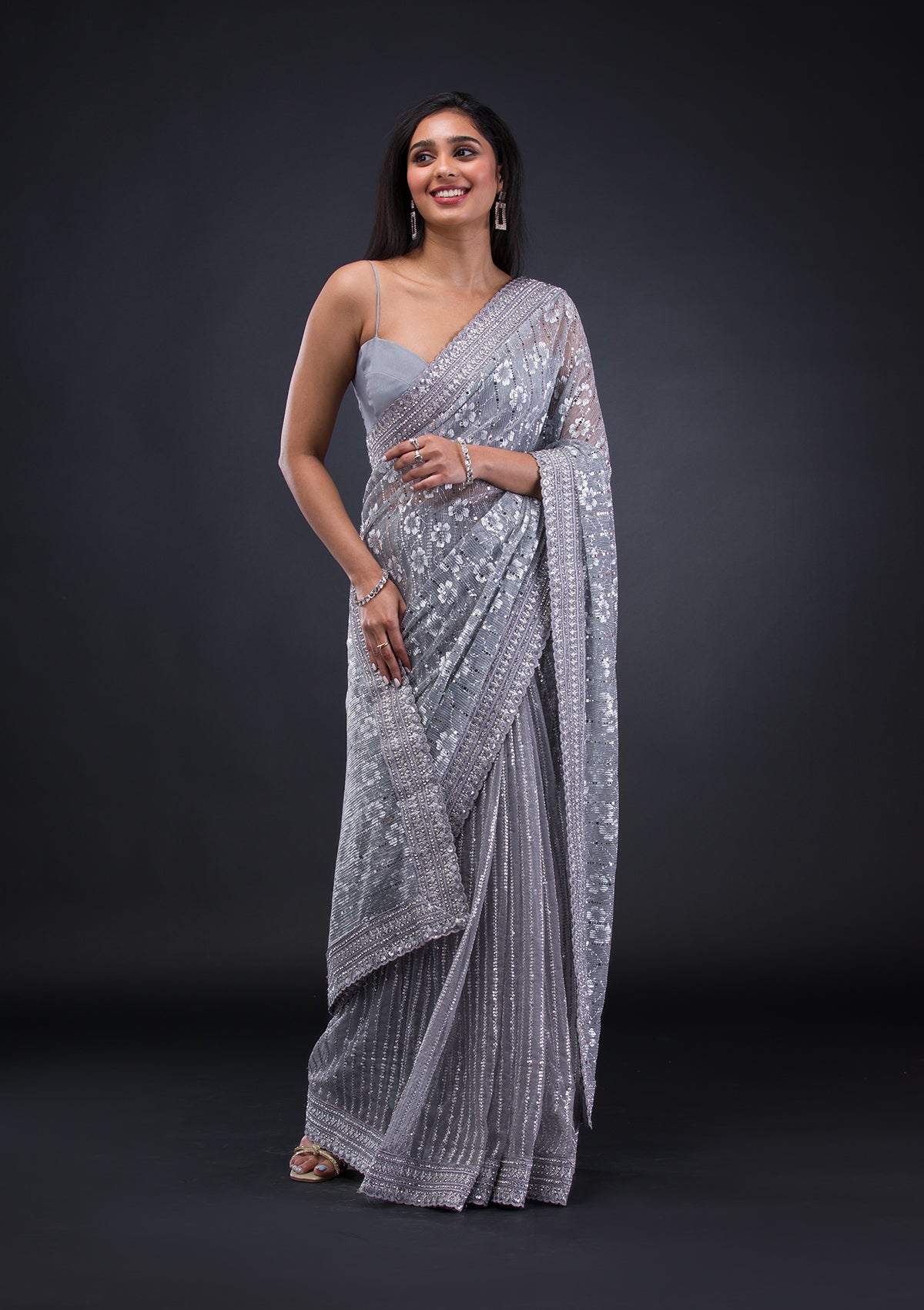 Grey Stonework Lycra Saree-Koskii