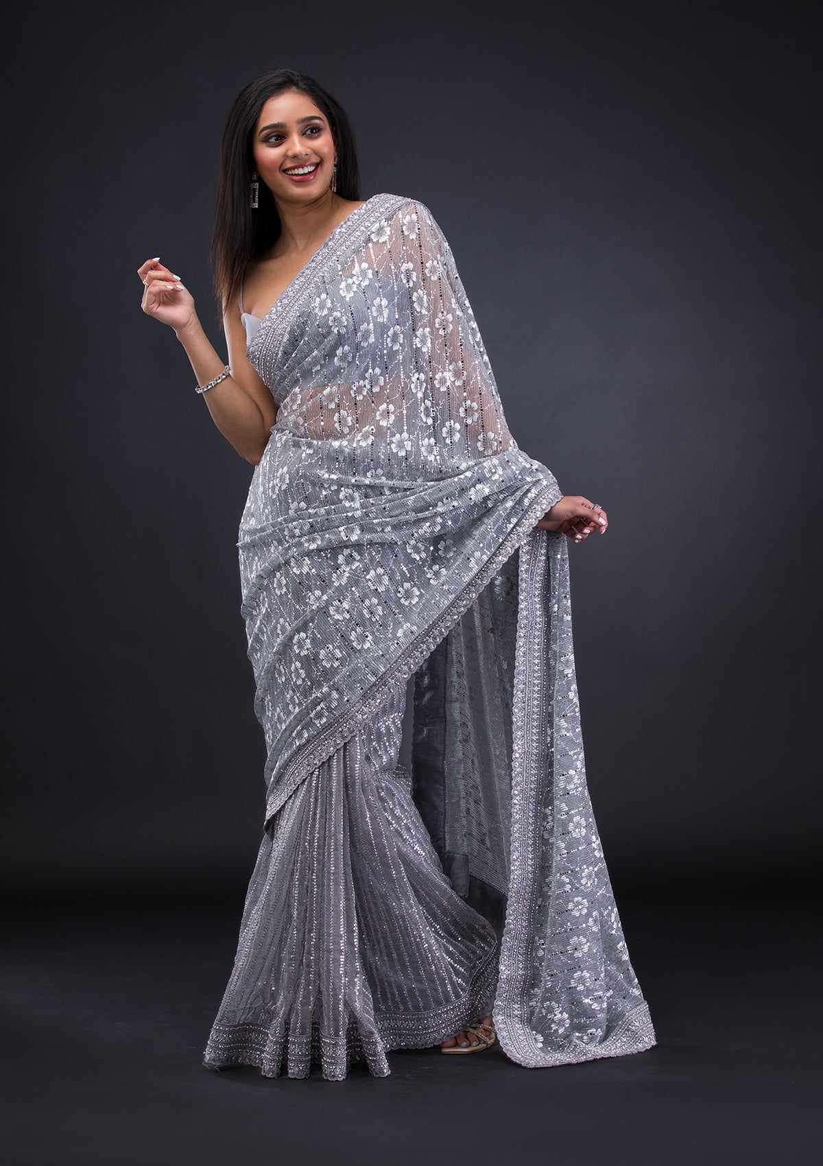 Grey Stonework Lycra Saree-Koskii