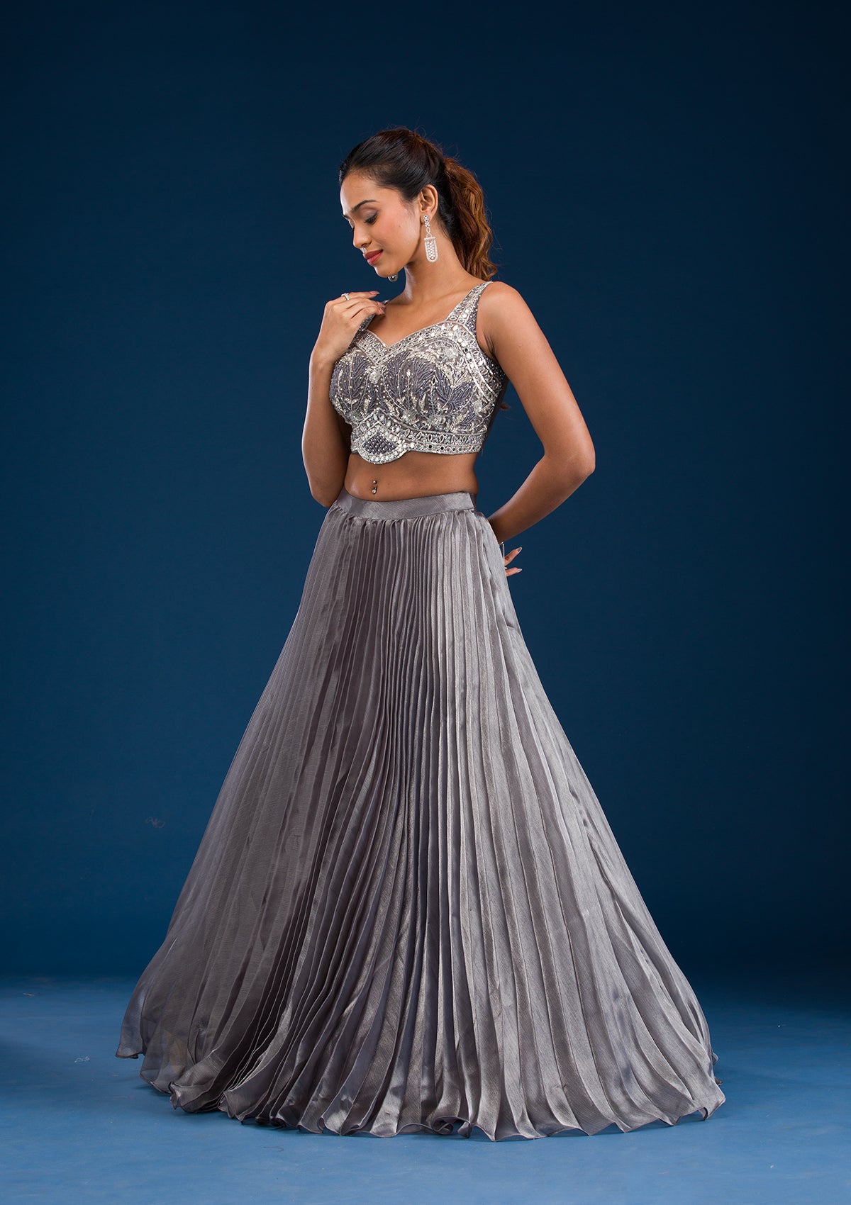 Grey Stonework Satin Readymade Lehenga