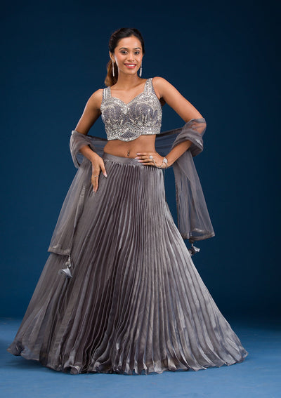 Grey Stonework Satin Readymade Lehenga