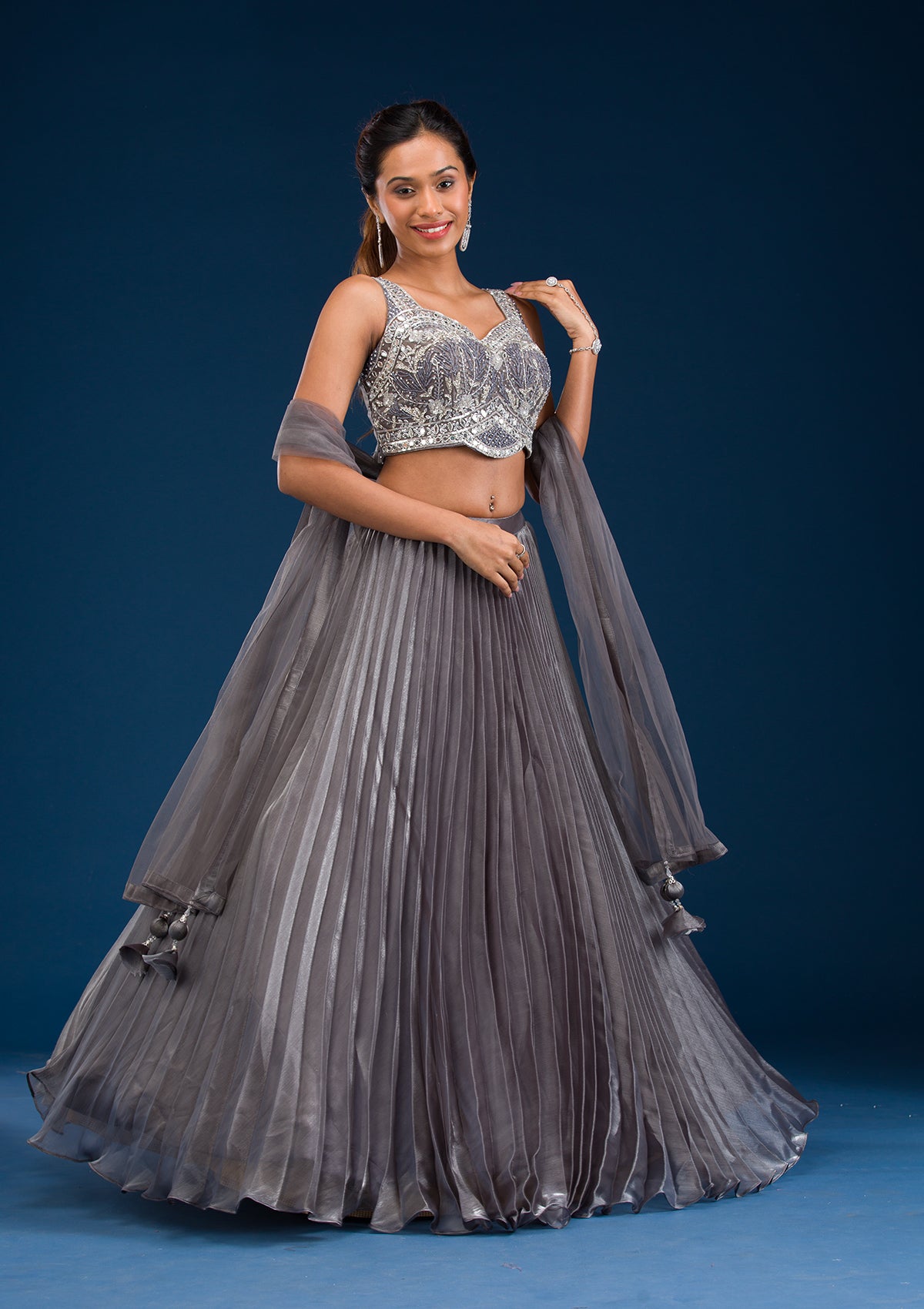 Grey Stonework Satin Readymade Lehenga-Koskii