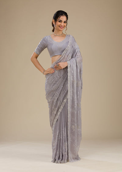 Grey Stonework Satin Saree-Koskii