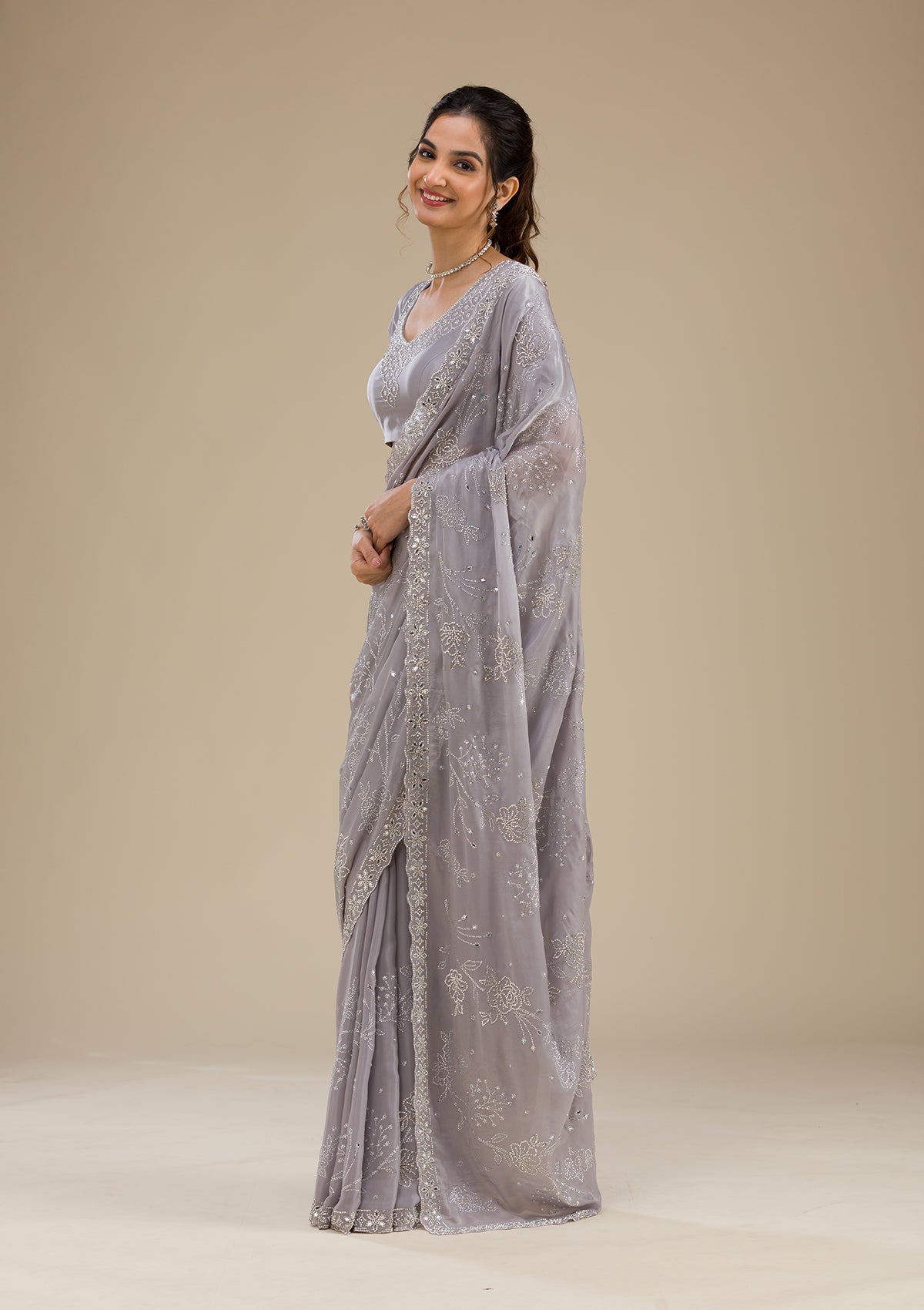 Grey Stonework Satin Saree-Koskii