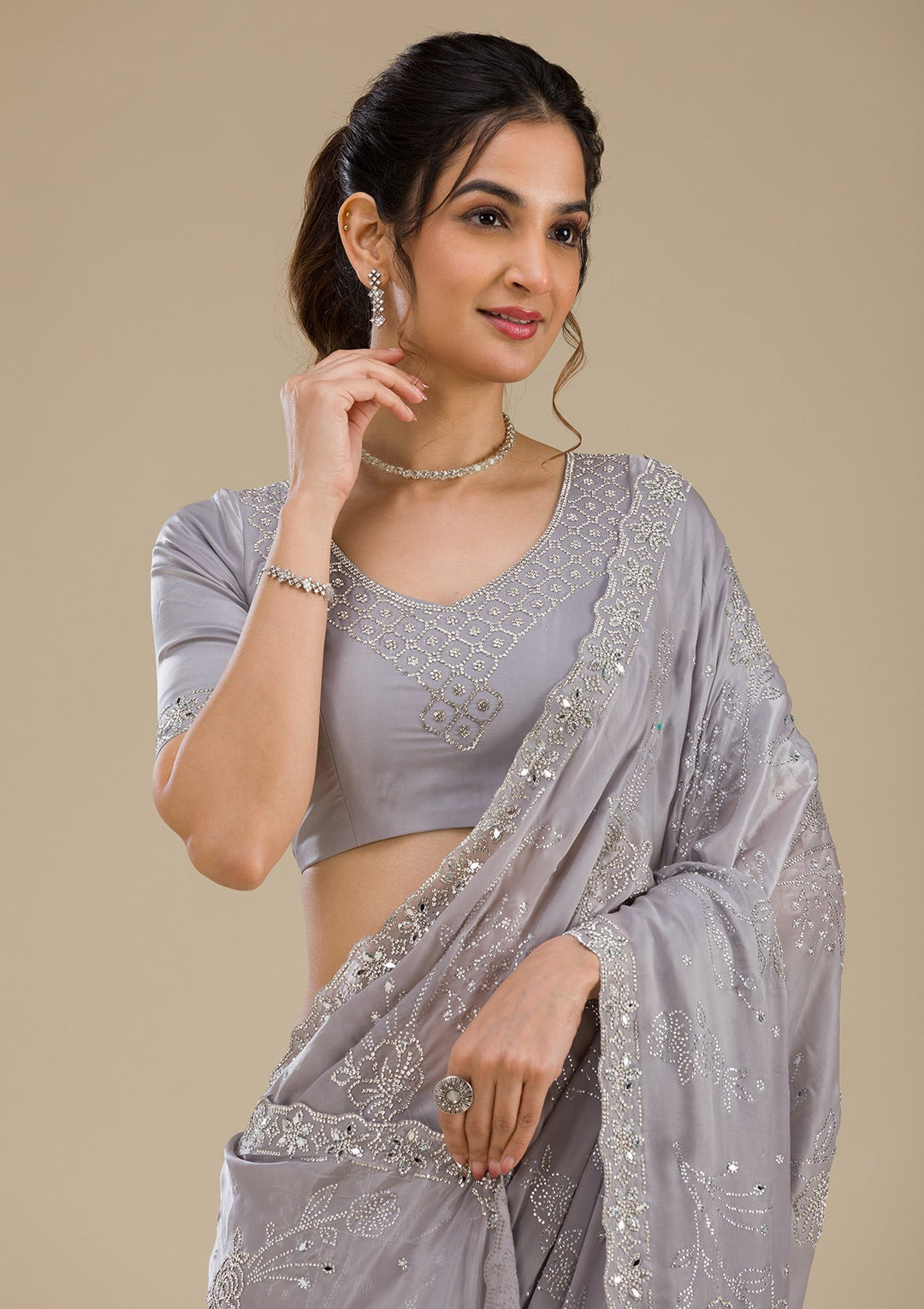 Grey Stonework Satin Saree-Koskii