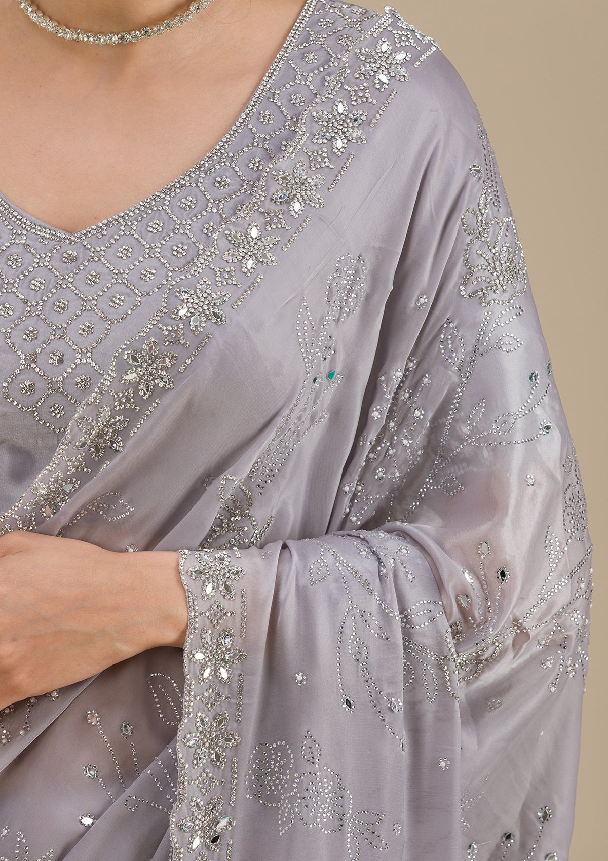 Grey Stonework Satin Saree-Koskii