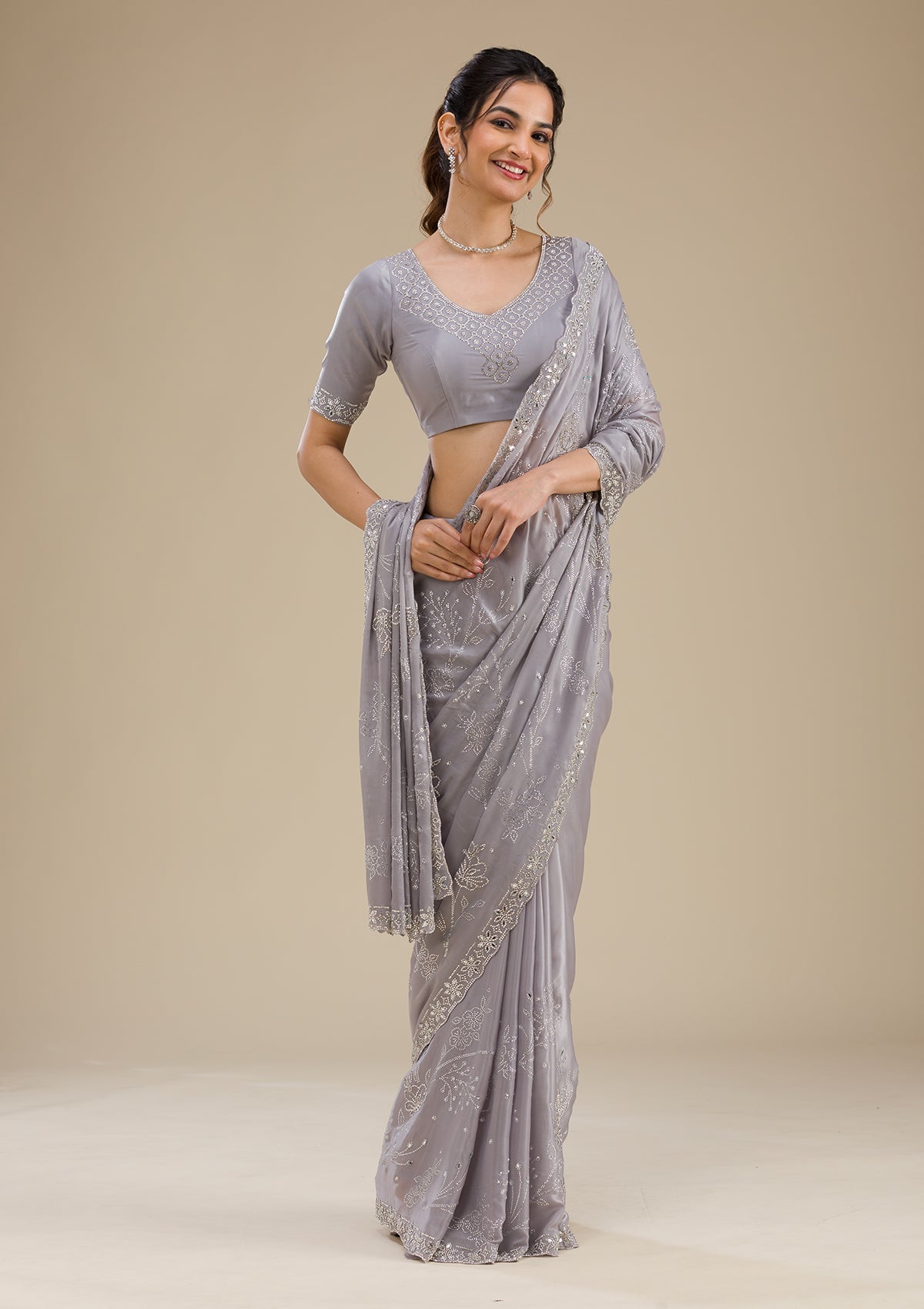 Grey Stonework Satin Saree-Koskii