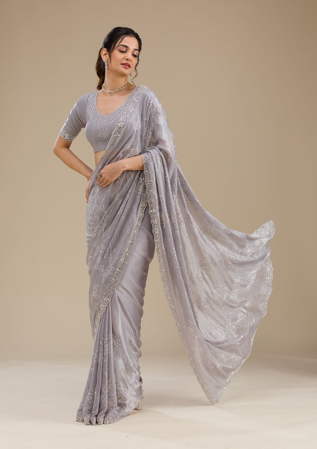 Grey Stonework Satin Saree-Koskii