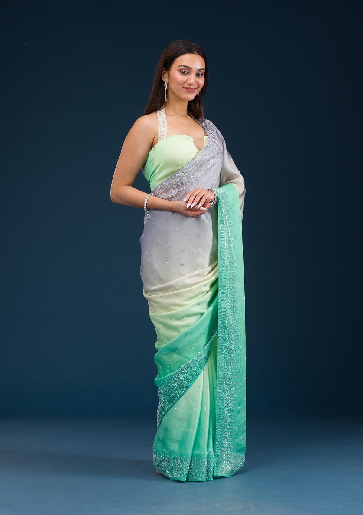 Grey Stonework Satin Saree