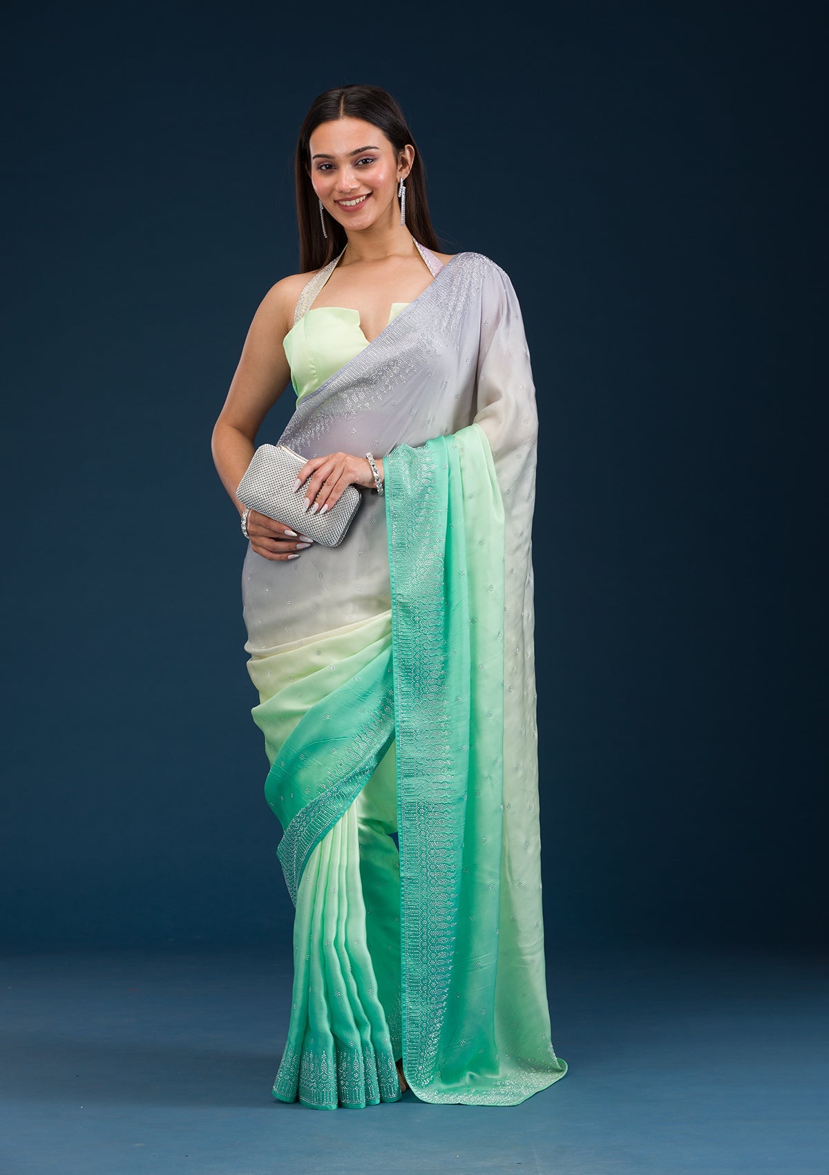 Grey Stonework Satin Saree-Koskii