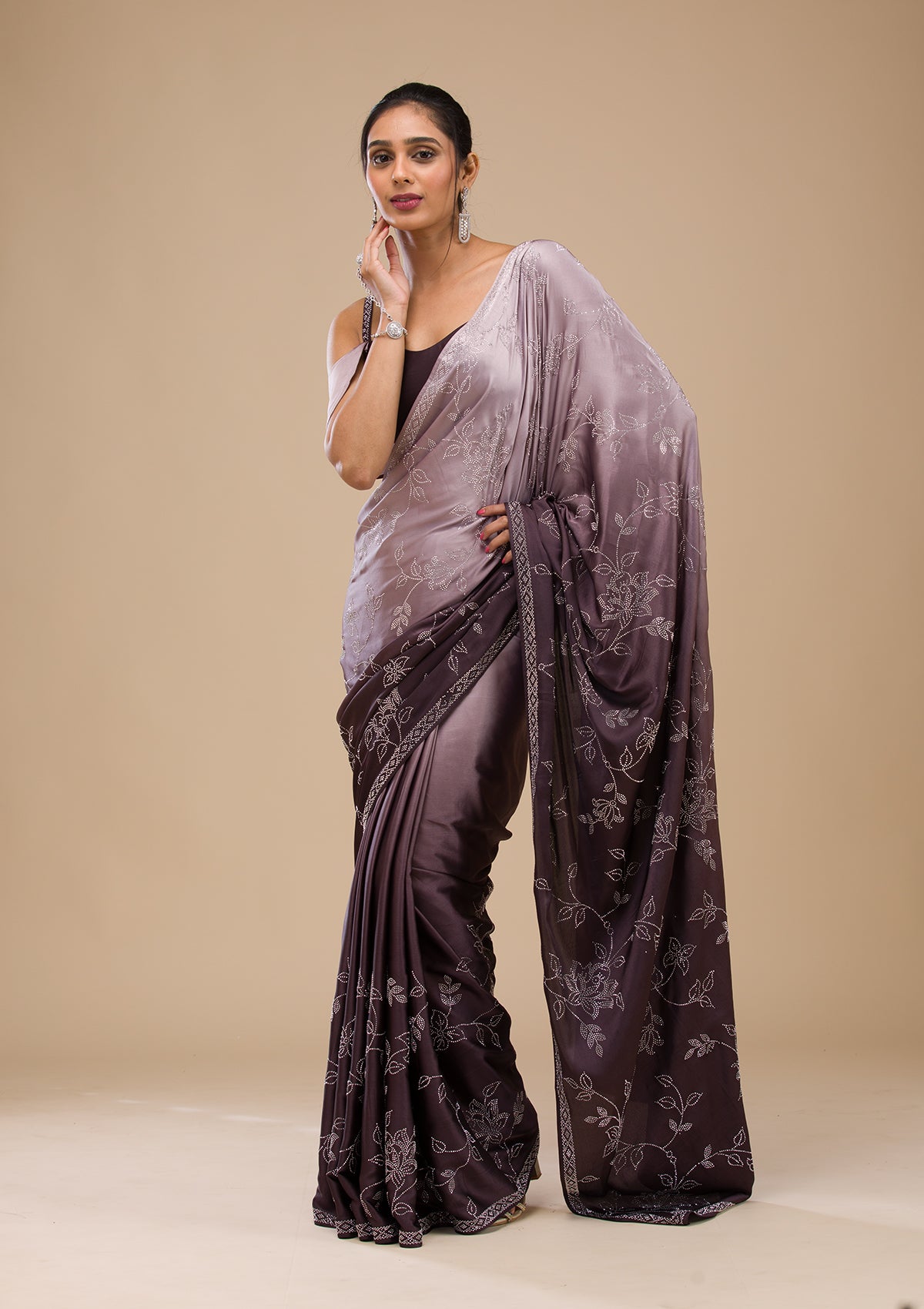 Grey Stonework Satin Saree