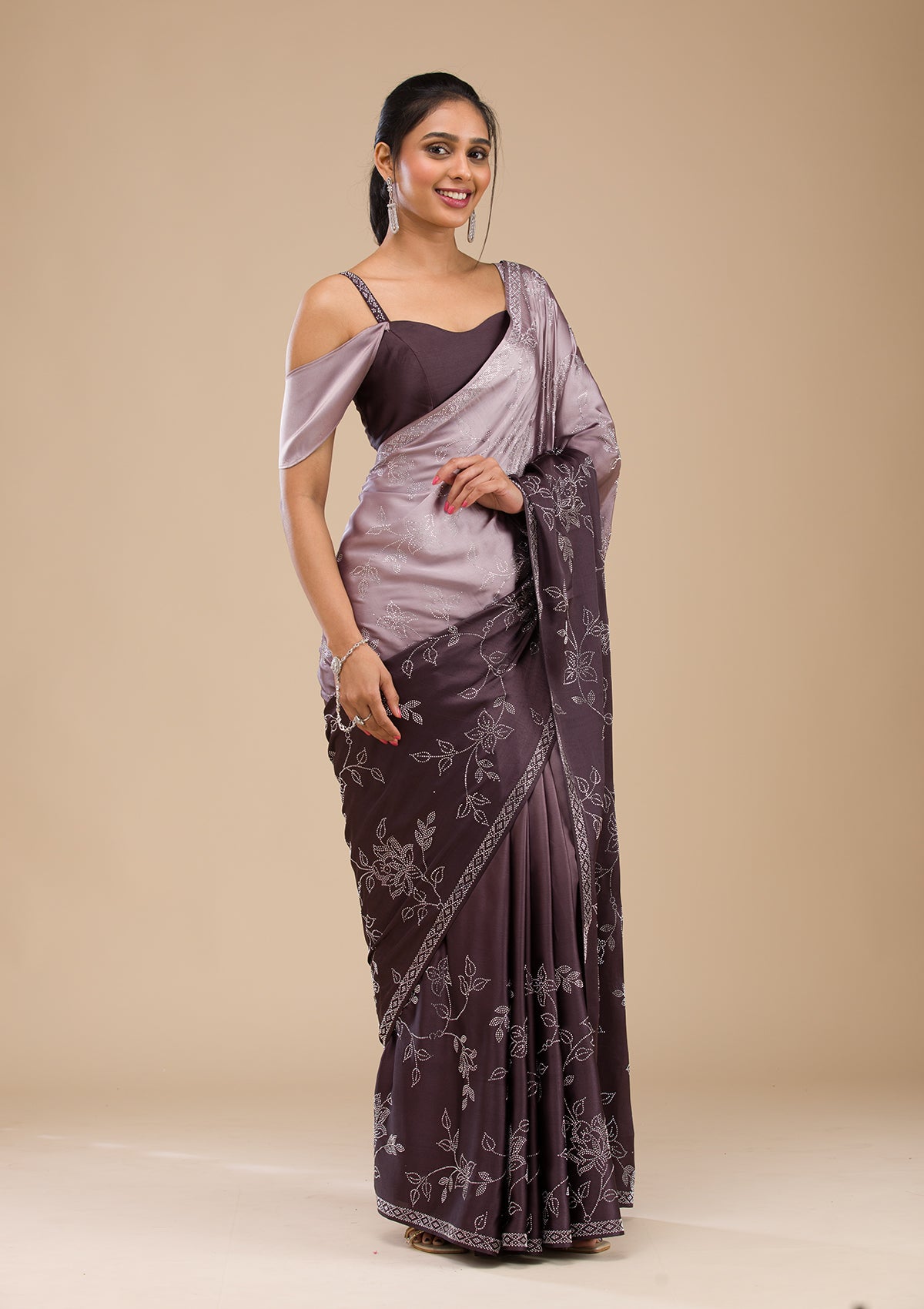 Grey Stonework Satin Saree