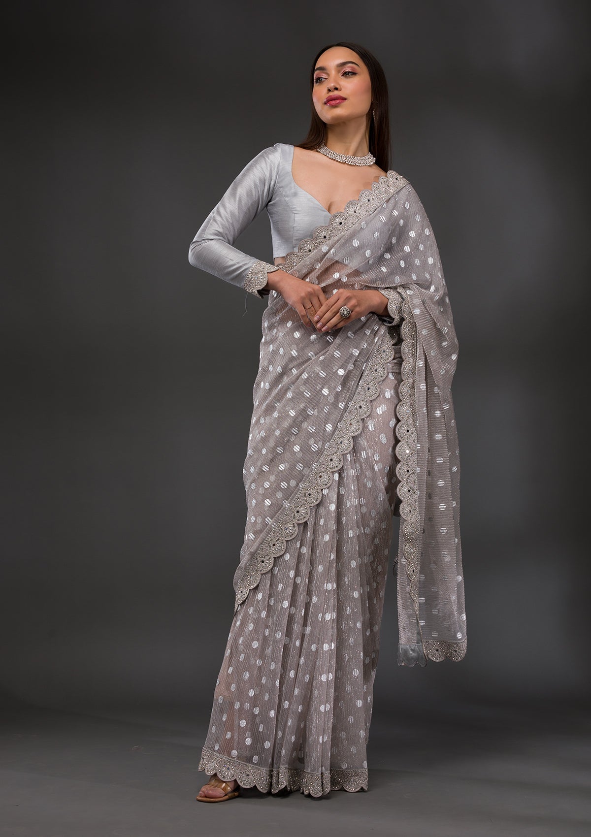 Grey Stonework Shimmer Georgette Saree-Koskii