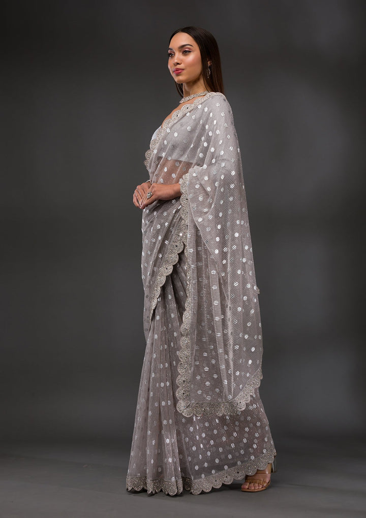 Grey Stonework Shimmer Georgette Saree-Koskii