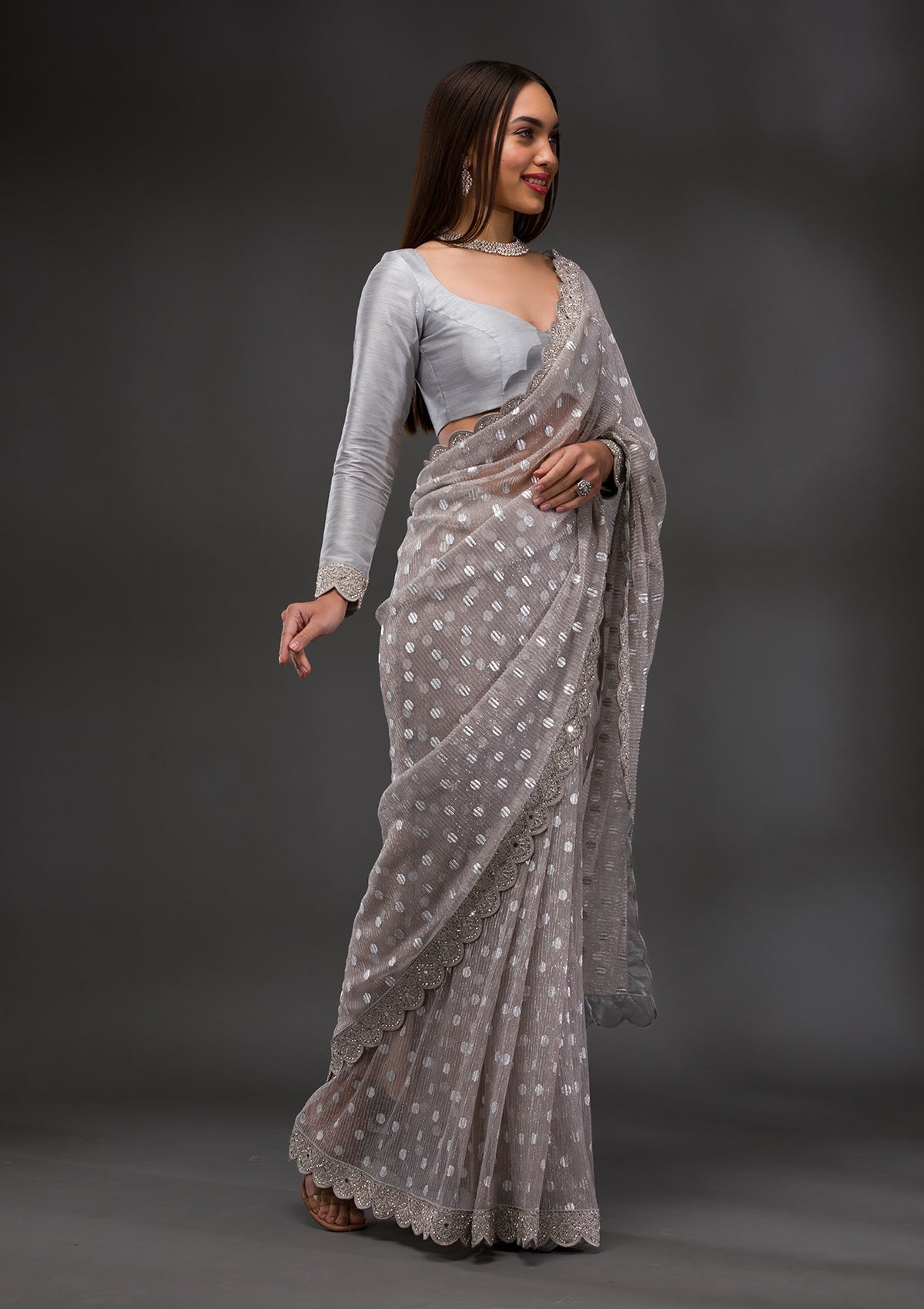 Grey Stonework Shimmer Georgette Saree-Koskii