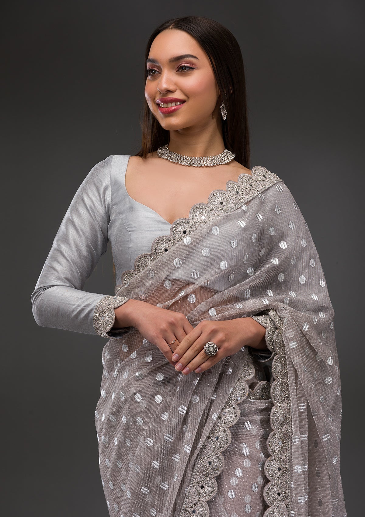 Grey Stonework Shimmer Georgette Saree-Koskii