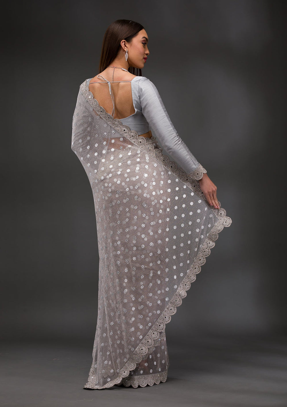 Grey Stonework Shimmer Georgette Saree-Koskii