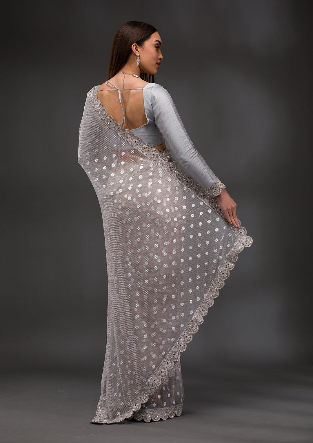 Grey Stonework Shimmer Georgette Saree-Koskii