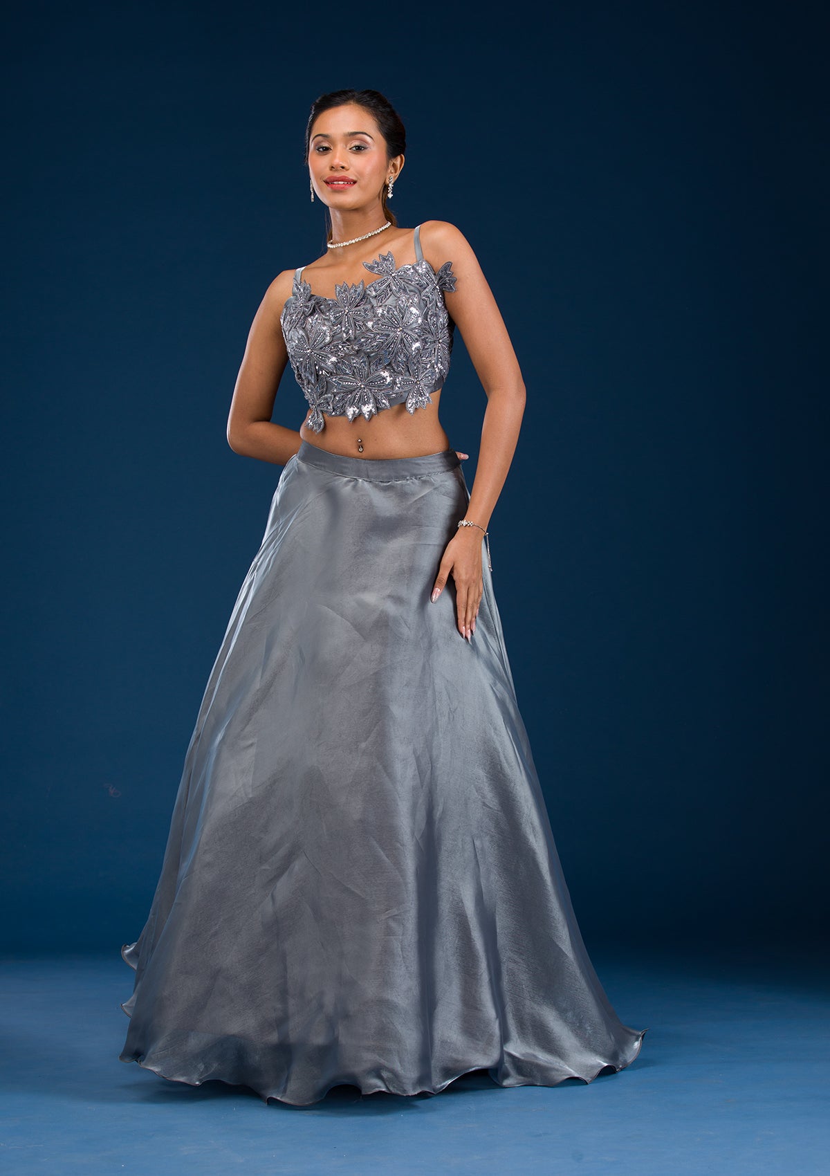 Grey Stonework Tissue Readymade Lehenga