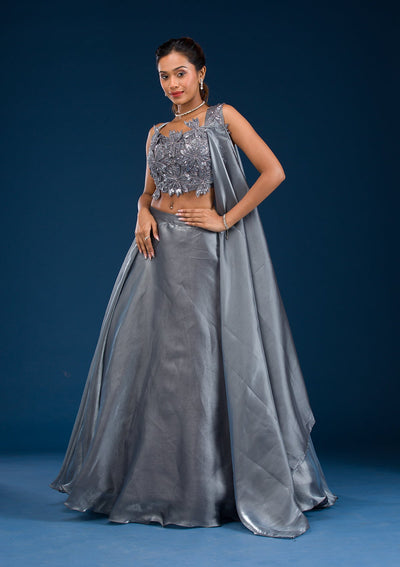 Grey Stonework Tissue Readymade Lehenga-Koskii