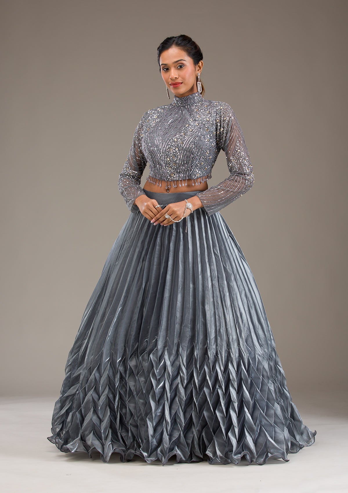 Grey Stonework Tissue Readymade Lehenga