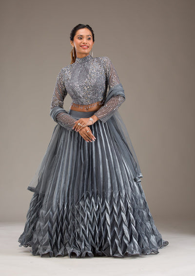 Grey Stonework Tissue Readymade Lehenga-Koskii