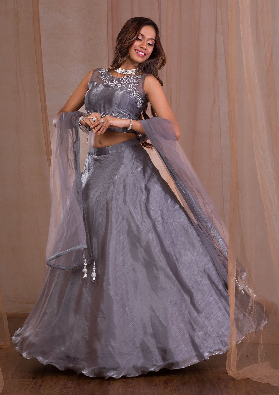 Grey Stonework Tissue Readymade Lehenga-Koskii