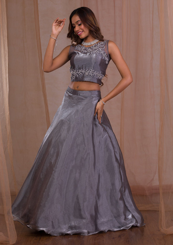 Grey Stonework Tissue Readymade Lehenga-Koskii