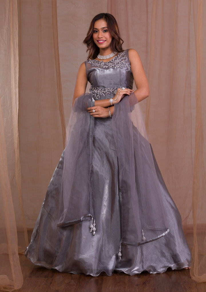 Grey Stonework Tissue Readymade Lehenga-Koskii