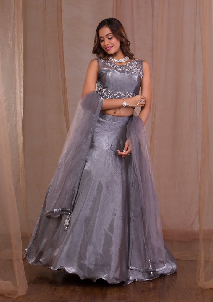 Grey Stonework Tissue Readymade Lehenga-Koskii