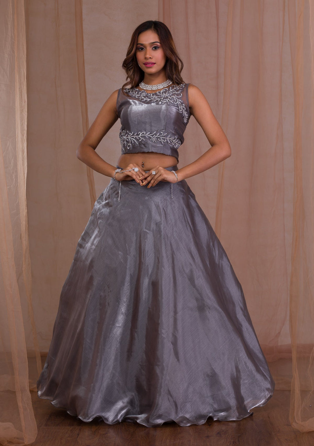 Grey Stonework Tissue Readymade Lehenga-Koskii