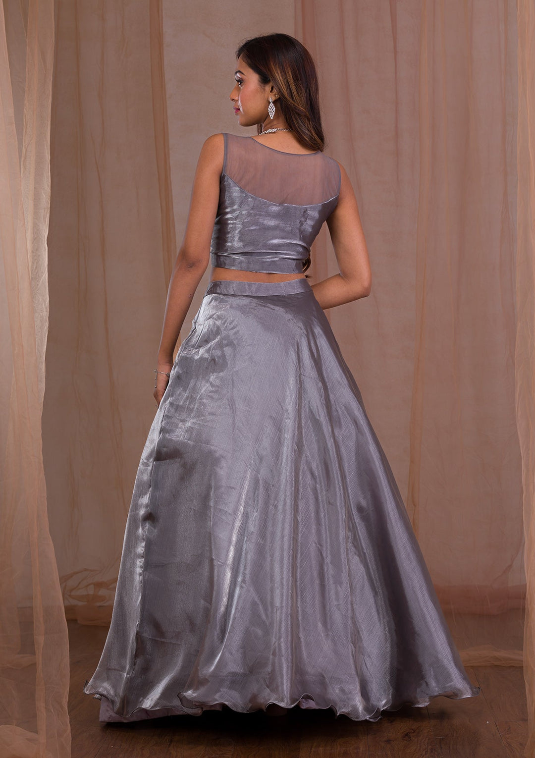 Grey Stonework Tissue Readymade Lehenga-Koskii