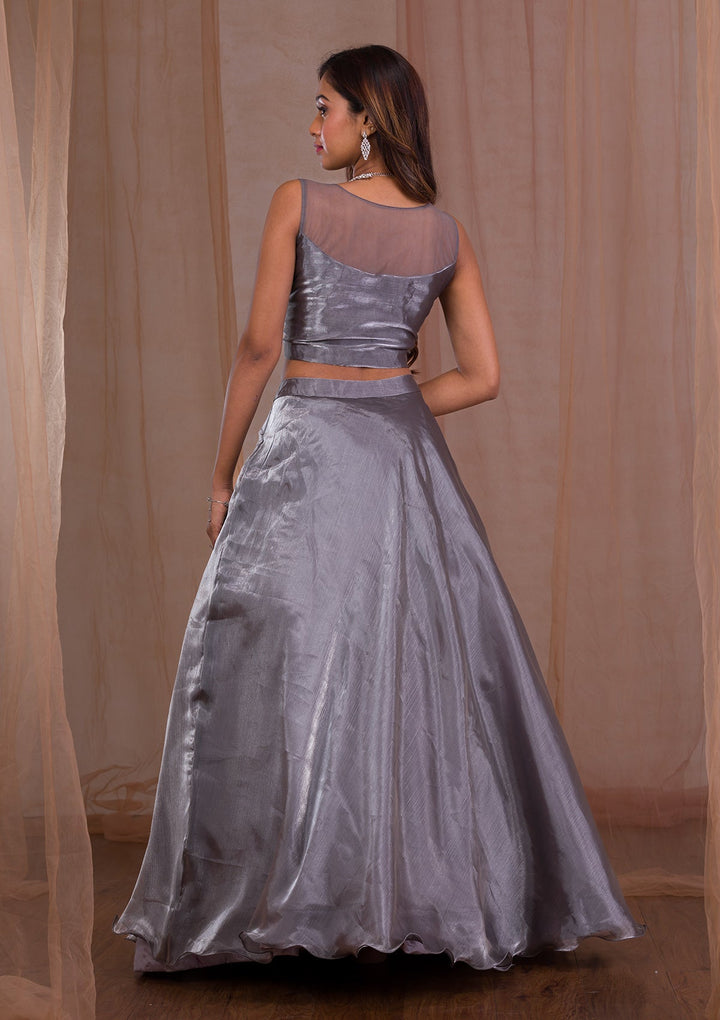 Grey Stonework Tissue Readymade Lehenga-Koskii